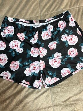 Floral Black Swim Shorts with Pink Roses